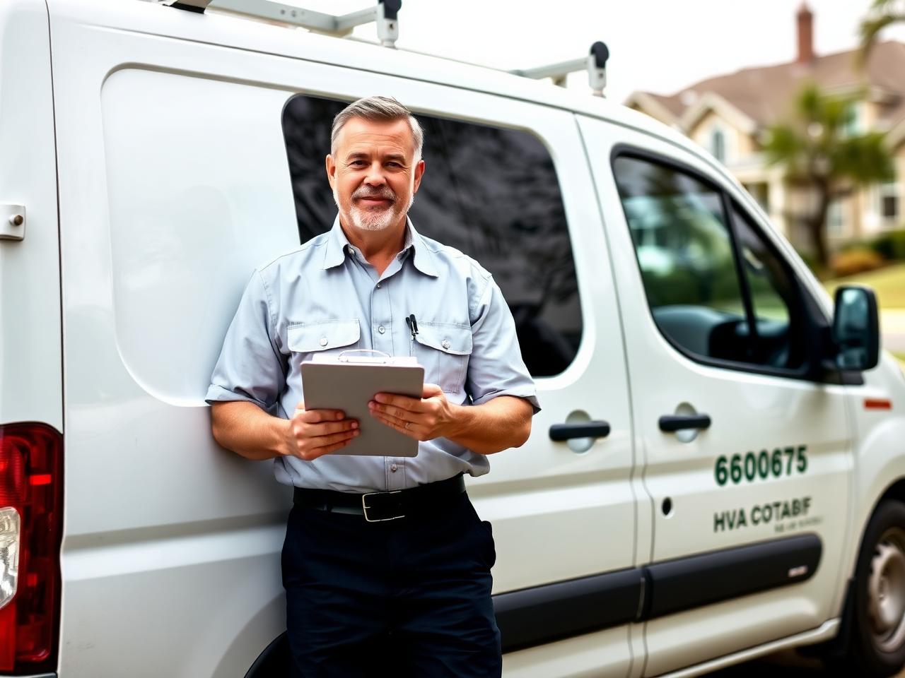 HVAC contractor next to service van
